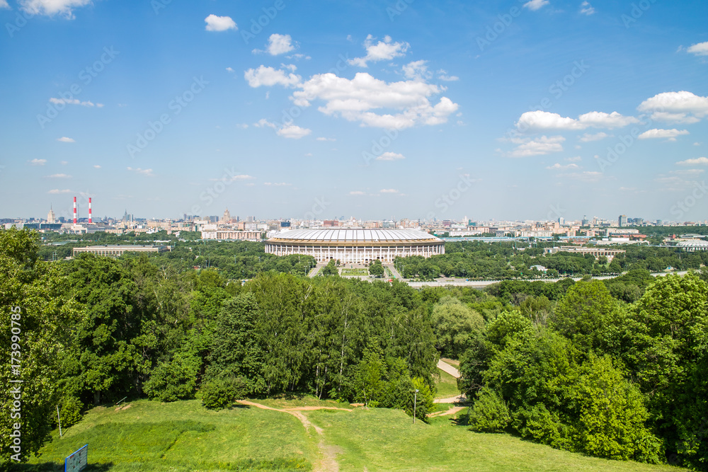 Aerial view of Luzhniki Stadium and complex from Sparrow Hills, Moscow, Russia