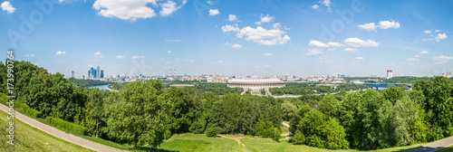 Aerial panoramic view of Luzhniki Stadium and complex from Sparrow Hills, Moscow, Russia
