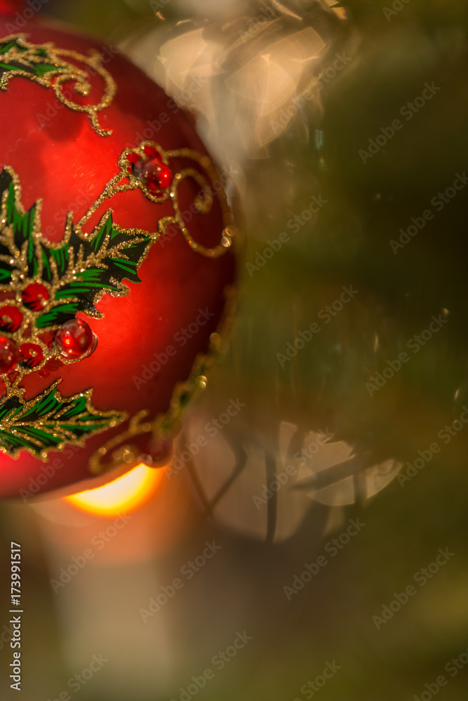 Christmas bauble on the spruce tree. Close-Up