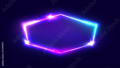 Night Club Neon Sign. Blank 3d Retro Light Signboard With Shining Neon Effect. Techno Frame With Glowing On Dark Blue Backdrop. Electric Street Banner Design. Colorful Vector Illustration in 80s Style