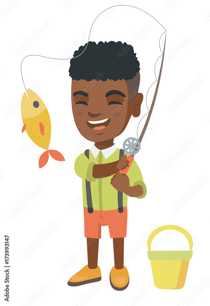 Cheerful african-american little boy fishing. Smiling boy standing near the  bucket for fish and holding fishing rod with fish on a hook. Vector sketch  cartoon illustration isolated on white background Stock Vector