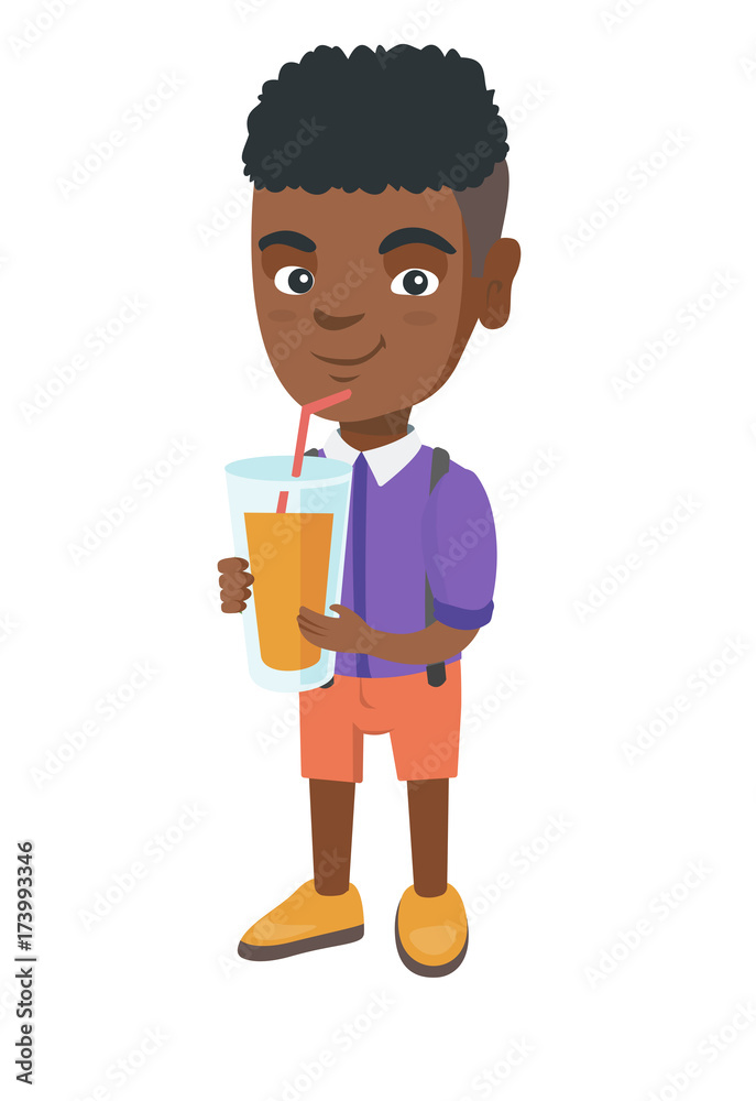 African boy drinking orange juice through a drinking straw. Little boy holding a glass of fresh orange juice with a drinking straw. Vector sketch cartoon illustration isolated on white background. African boy drinking orange juice through a drinking straw. Little boy holding a glass of fresh orange juice with a drinking straw. Vector sketch cartoon illustration isolated on white background.