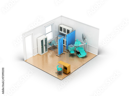Isometric dentist office blue table vaccination 3d render on white background © nosorogua