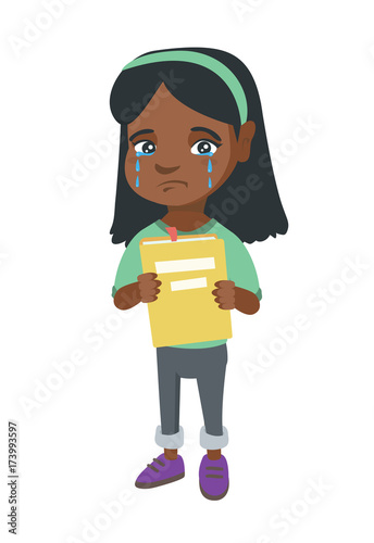 African-american upset little girl shedding tears and showing book. Sad girl crying and holding book in hands. Vector sketch cartoon illustration isolated on white background.