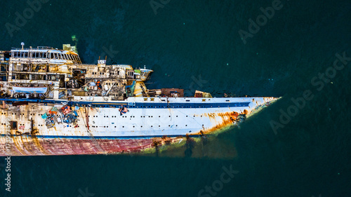 Aerial view of cruise ship shipwreck, Shipwreck cruise ship, Shipwrecked off the coast of Thailand.