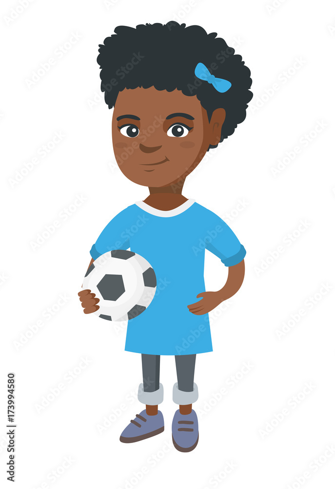 Little smiling african-american girl holding a football ball. Young happy girl playing football. Soccer player with a ball. Vector sketch cartoon illustration isolated on white background. Little smiling african-american girl holding a football ball. Young happy girl playing football. Soccer player with a ball. Vector sketch cartoon illustration isolated on white background.