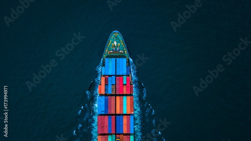 Aerial view container ship or cargo ship in import export and business logistic to global city.