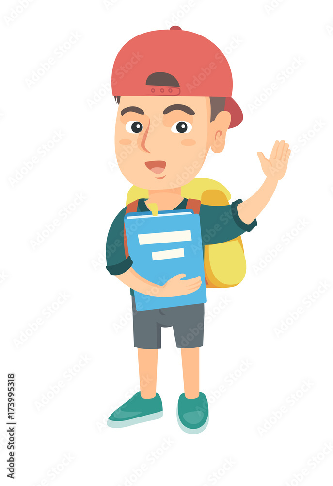 Happy caucasian schoolboy holding a book and waving his hand. Full length of smiling schoolboy making greeting gesture - waving hand. Vector sketch cartoon illustration isolated on white background. Happy caucasian schoolboy holding a book and waving his hand. Full length of smiling schoolboy making greeting gesture - waving hand. Vector sketch cartoon illustration isolated on white background.