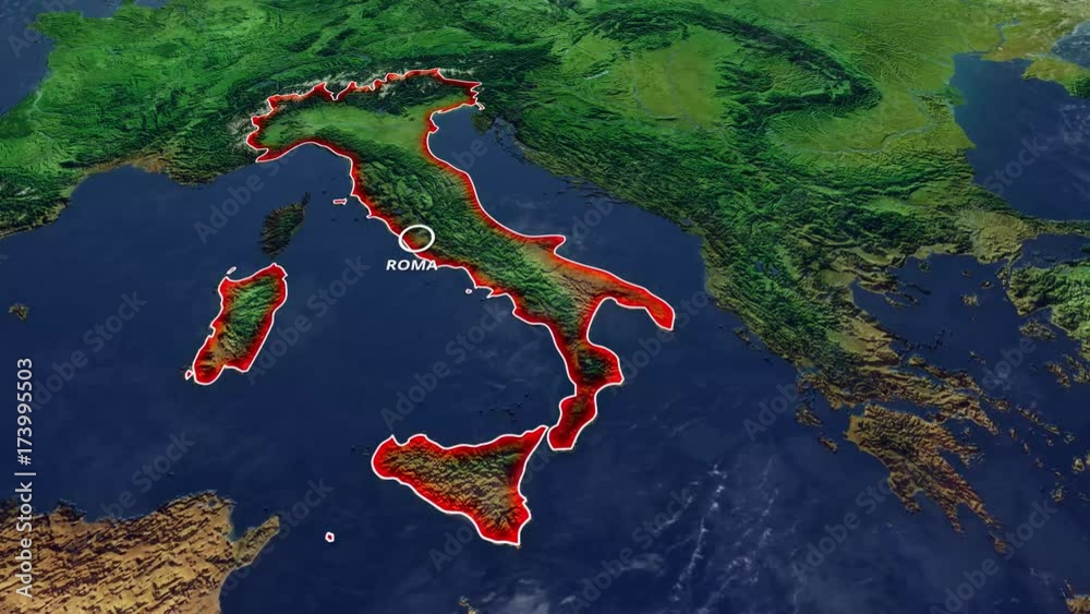 Cartina Italia, cartina fisica del Mediterraneo, cartina con rilievi e montagne dell’Europa mediterranea con lo stato italiano in evidenza. Roma capitale