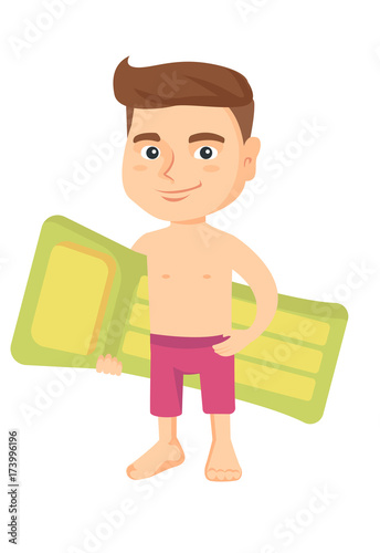 Little happy caucasian boy in shorts holding green inflatable mattress. Smiling boy with inflatable mattress for swimming. Vector sketch cartoon illustration isolated on white background.
