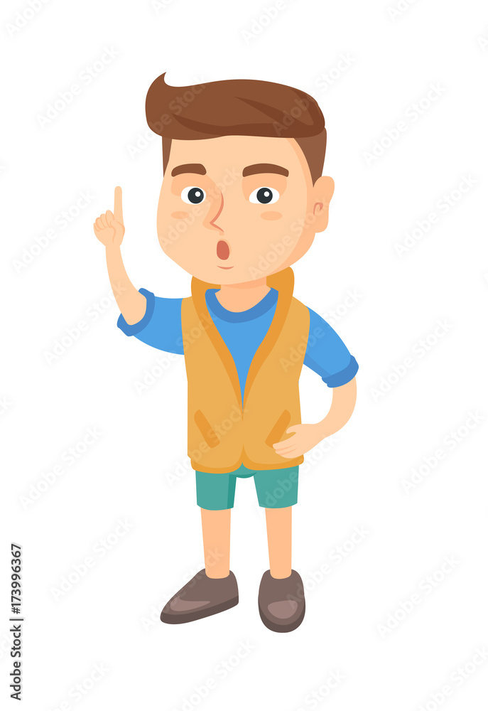 Happy little caucasian boy with open mouth pointing finger up. Surprised boy with open mouth came up with a creative idea. Vector sketch cartoon illustration isolated on white background.