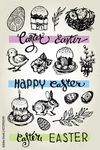 Cuadro en lienzo Hand drawn doodle easter set. Vector illustration.