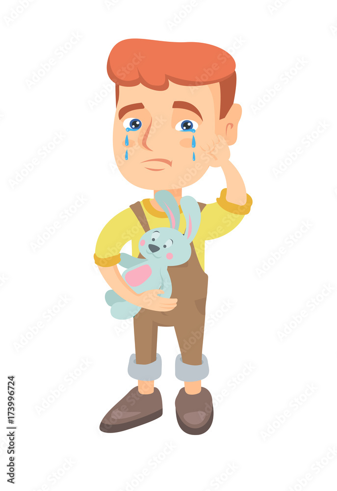 Caucasian boy crying and wiping the tears away. Little boy crying and holding toy rabbit in hand. Vector sketch cartoon illustration isolated on white background. Caucasian boy crying and wiping the tears away. Little boy crying and holding toy rabbit in hand. Vector sketch cartoon illustration isolated on white background.