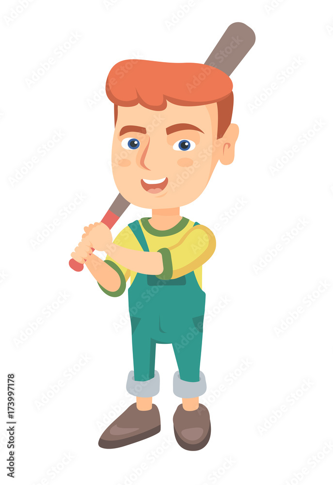 Young caucasian boy playing baseball. Happy smiling baseball player holding a wooden baseball bat. Little softball player. Vector sketch cartoon illustration isolated on white background. Young caucasian boy playing baseball. Happy smiling baseball player holding a wooden baseball bat. Little softball player. Vector sketch cartoon illustration isolated on white background.