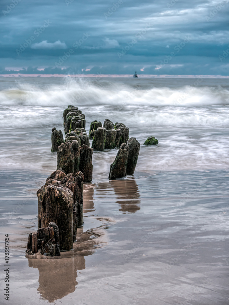 Old and weathered wooden wave breakers Old and weathered wooden wave breakers