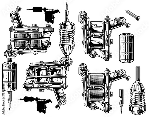 Graphic black and white tattoo machine set. Vol. 1