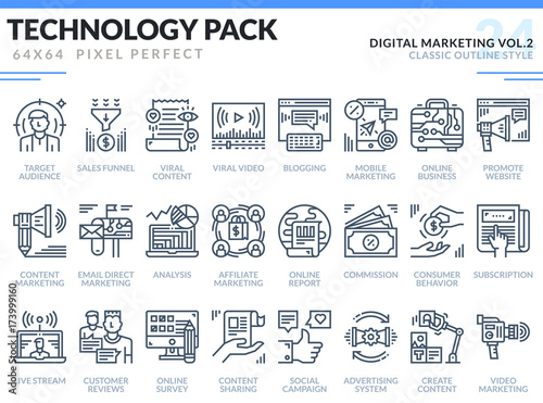 Digital Marketing Icons Set. Technology outline icons pack. Pixel perfect thin line vector icons for web design and website application.