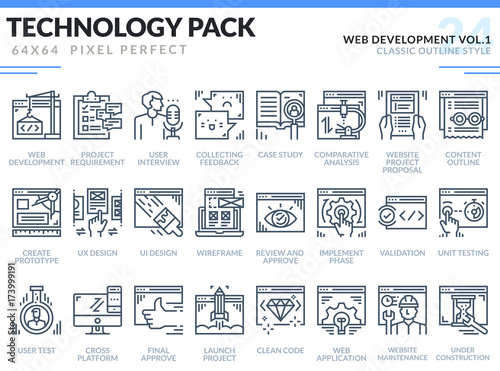 Web Development Icons Set. Technology outline icons pack. Pixel perfect thin line vector icons for web design and website application.