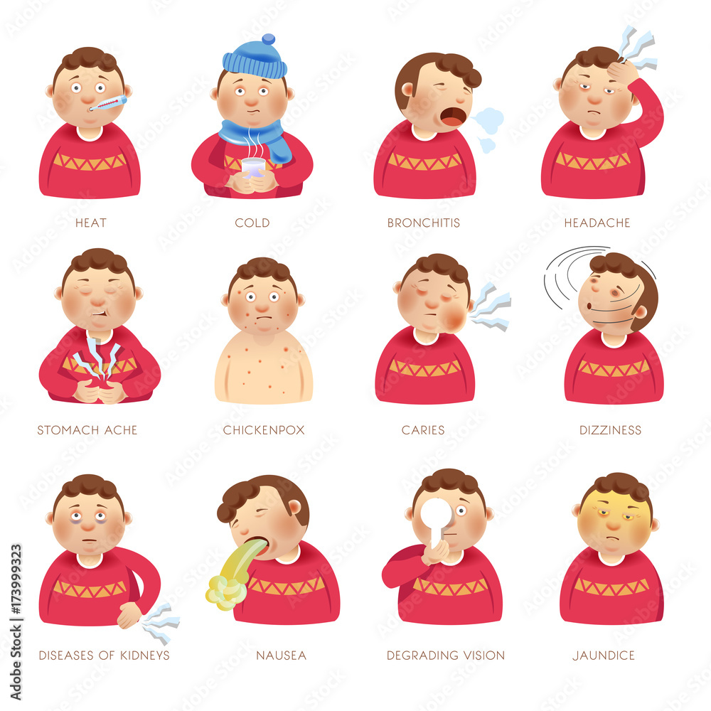 Illness disease people symptoms vector flat isolated icons heat, cold and  ache Stock Vector | Adobe Stock