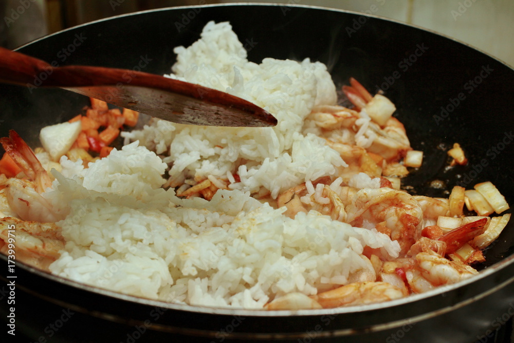 Homemade cooking,Fried Jasmine rice with prawns in yellow powder Homemade cooking,Fried Jasmine rice with prawns in yellow powder
