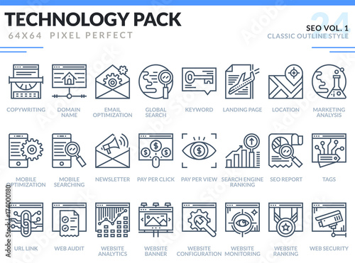 SEO Icons Set. Editable Stroke. Technology outline icons pack. Pixel perfect thin line vector icons for web design and website application.