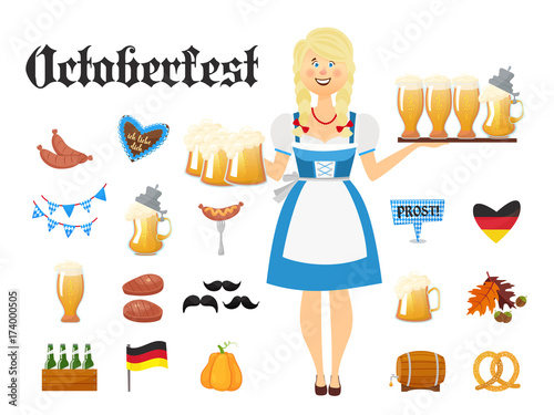 Smiling Bavarian woman blonde dressed in traditional costume and apron with beer glasses and set of Oktoberfest icons. Traditional symbols of autumn holiday of beer isolated on white background