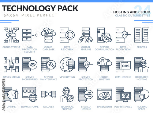 Hosting and Cloud Icons Set. Technology outline icons pack. Pixel perfect thin line vector icons for web design and website application.