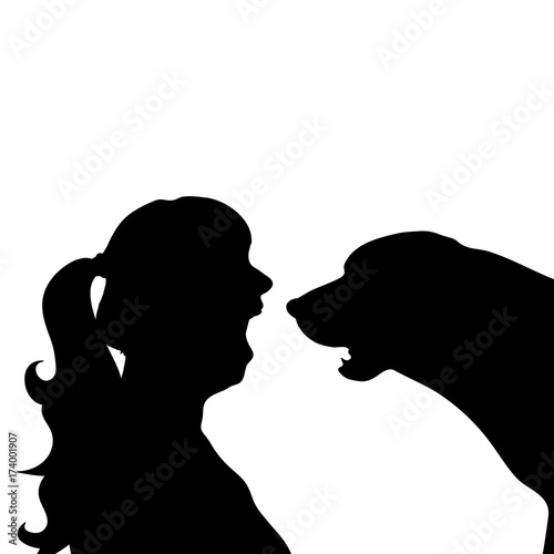 Vector silhouette of woman with dog in white background.