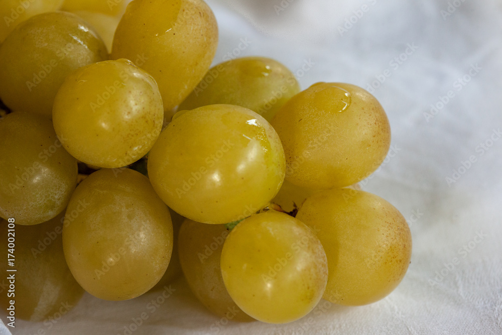 bunch of white grapes on a white tablecloth bunch of white grapes on a white tablecloth