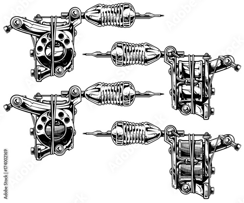 Graphic black and white tattoo machine set. Vol. 7