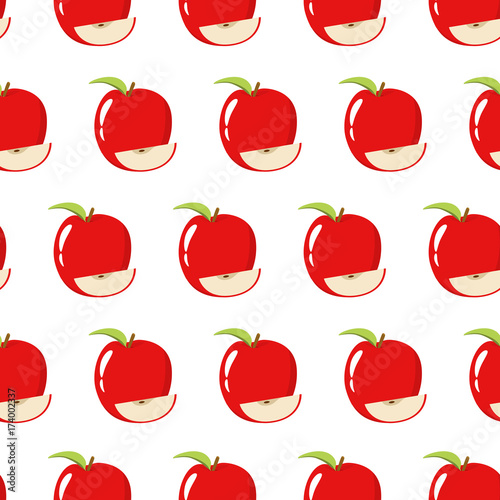 Seamless pattern with fresh and natural red ripe apples and a segment. A design concept for a print and packing paper, fabric and as a background for the website or a mobile application.