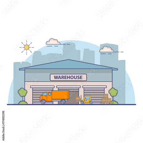 Building of a warehouse with truck on delivery and the fork loader in flat linear style a vector.Loading of boxes in the transportation vehicle and unloading of freights. storage of industrial goods.