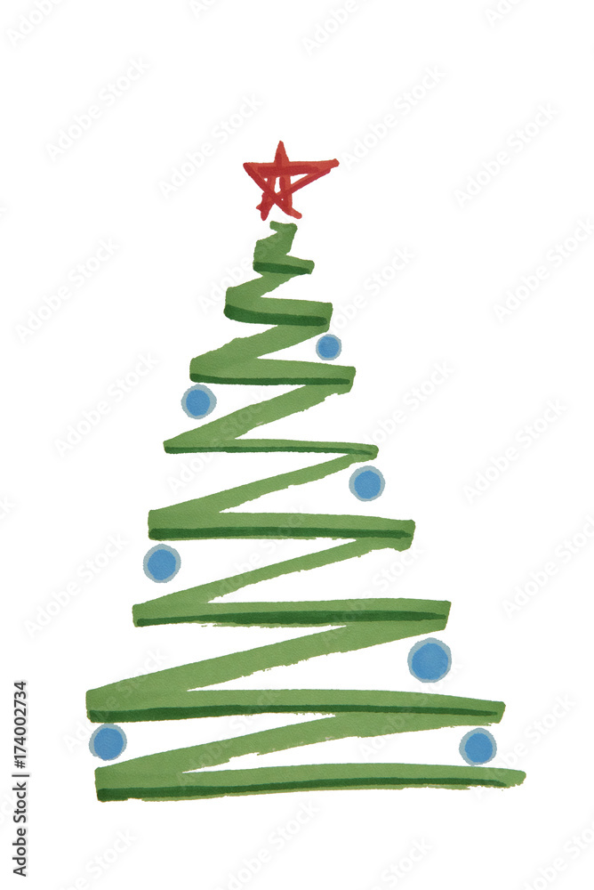 New Year's Christmas tree with balls and numbers 2018 painted with watercolor markers on a white background New Year's Christmas tree with balls and numbers 2018 painted with watercolor markers on a white background