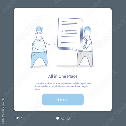 Business illustration concept of data and documents processing, access, transmission or data availability in one place. Cartoon people receive and transfer documents. Flat line vector design concept.