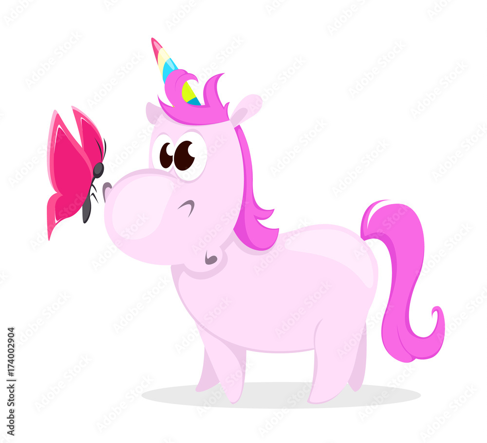Funny pink unicorn with butterfly. Cute magic fantasy animal with rainbow horn isolated on white background. Vector illustration Funny pink unicorn with butterfly. Cute magic fantasy animal with rainbow horn isolated on white background. Vector illustration