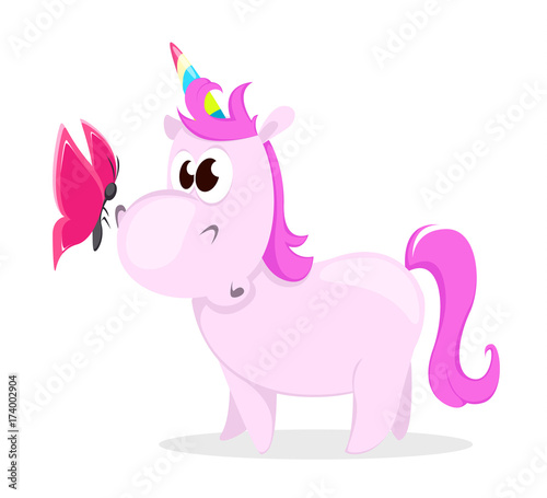 Funny pink unicorn with butterfly. Cute magic fantasy animal with rainbow horn isolated on white background. Vector illustration