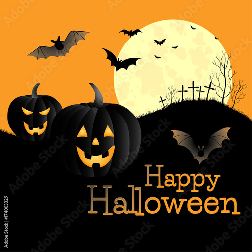 Halloween background. Vector festive illustration. Silhouettes against the background of the full moon. Pumpkin. Night. Cemetery. Bat. Fear.