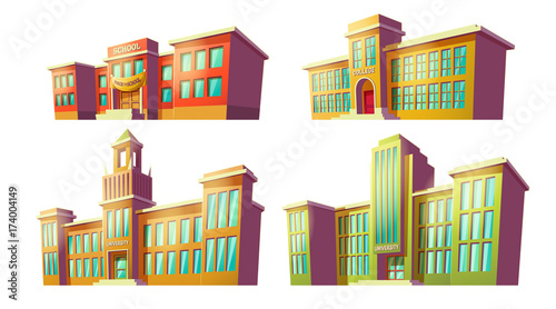 Set of vector cartoon illustrations of various color old, retro educational institutions, schools isolated on white background. Template, design element, print.