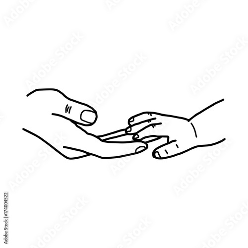 hand of baby and mother touching together vector illustration sketch hand drawn with black lines, isolated on white background © a3701027