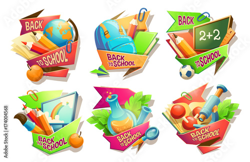 Set of vector cartoon illustrations, badges, stickers, emblems, colored icons of school supplies with the inscription Back to school, isolated on white background. Template, print, design element.