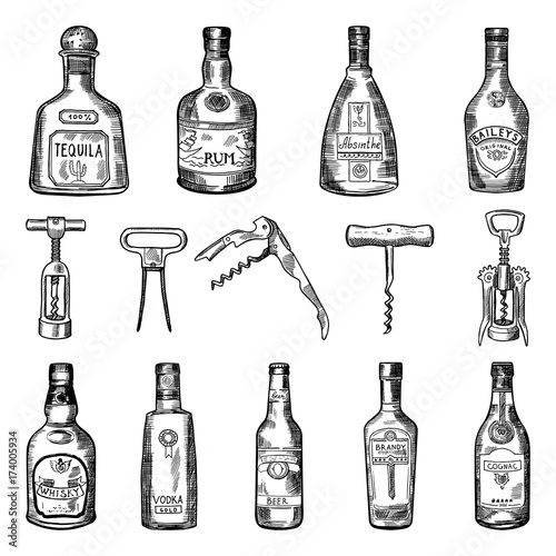 Illustrations of corkscrew and different wine bottles