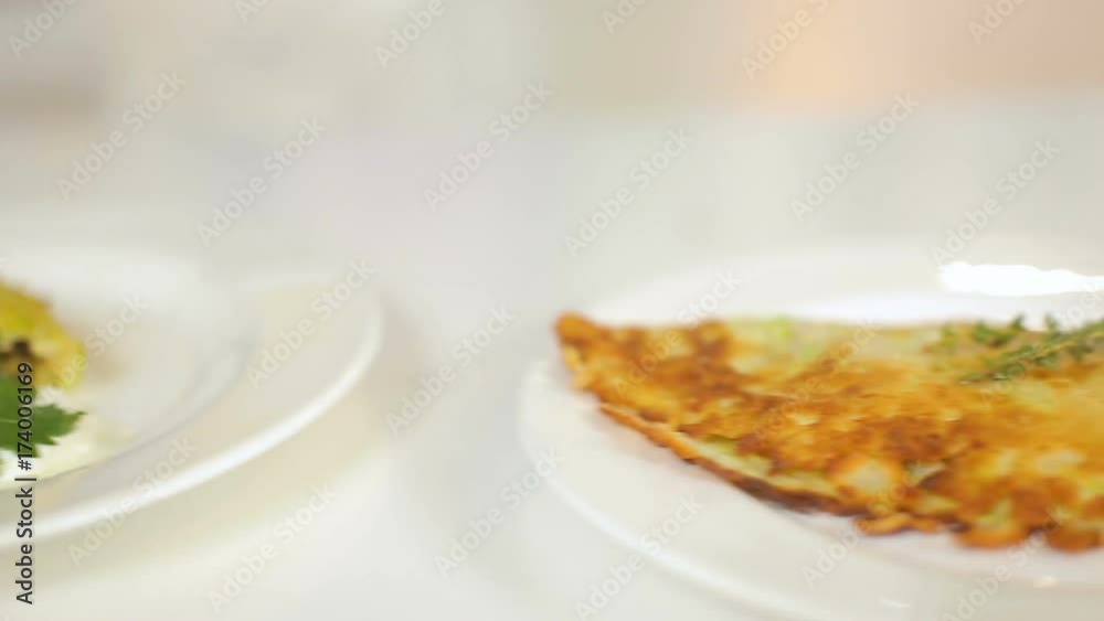 Presentation of restaurant dishes, soup and casseroles from potatoes and zucchini Presentation of restaurant dishes, soup and casseroles from potatoes and zucchini