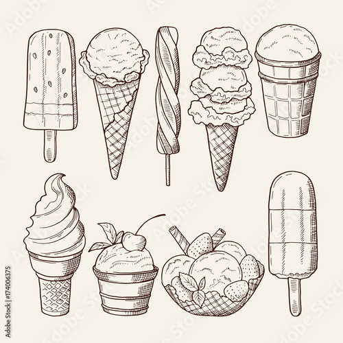 Different ice creams with chocolate and lollipops. Vector illustrations isolate