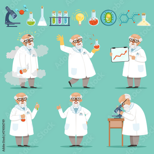 Scientist or chemist at his work. Different accessories in science laboratory
