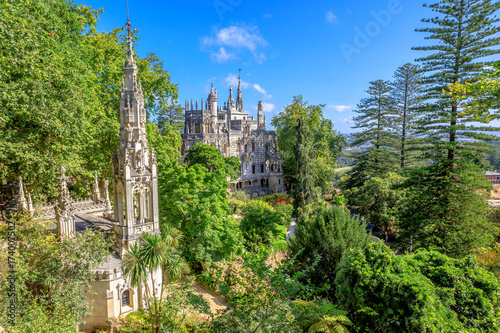 Aerial view of beautiful landscape of Regaleira Palace in Sintra, Portugal. Sunny day, blue sky. photo