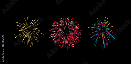 Colorful graphic firework explosion shapes isolated on black.