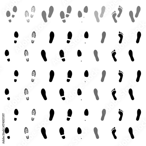 Footsteps. Footprints. Shoe and bare foot print. Shoes imprints set. Foot trail. Vector