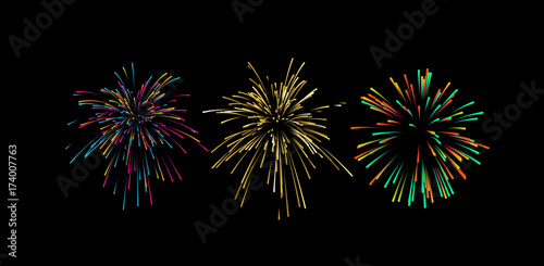 Colorful graphic firework burst shapes isolated on black.