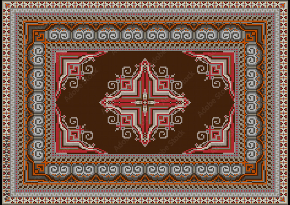 tLuxurious ethnic carpet with an ornament on dark brown in the middle and pattern with red and grey shades along the edges
