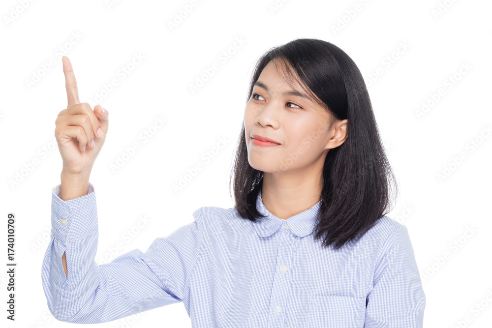 Portrait of a beautiful asian business woman smiling and pointed the finger to left side. Isolated on white background Portrait of a beautiful asian business woman smiling and pointed the finger to left side. Isolated on white background